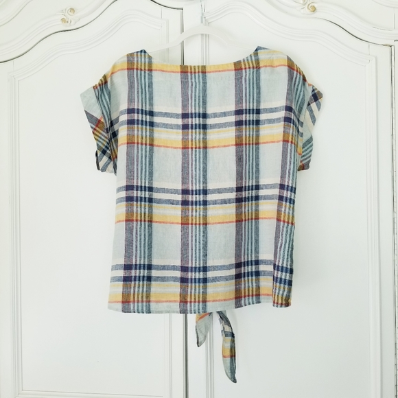 L.L. Bean Signature Blue Plaid 100% Linen Short Sleeve Tie Front Boxy Top Medium - Picture 4 of 5